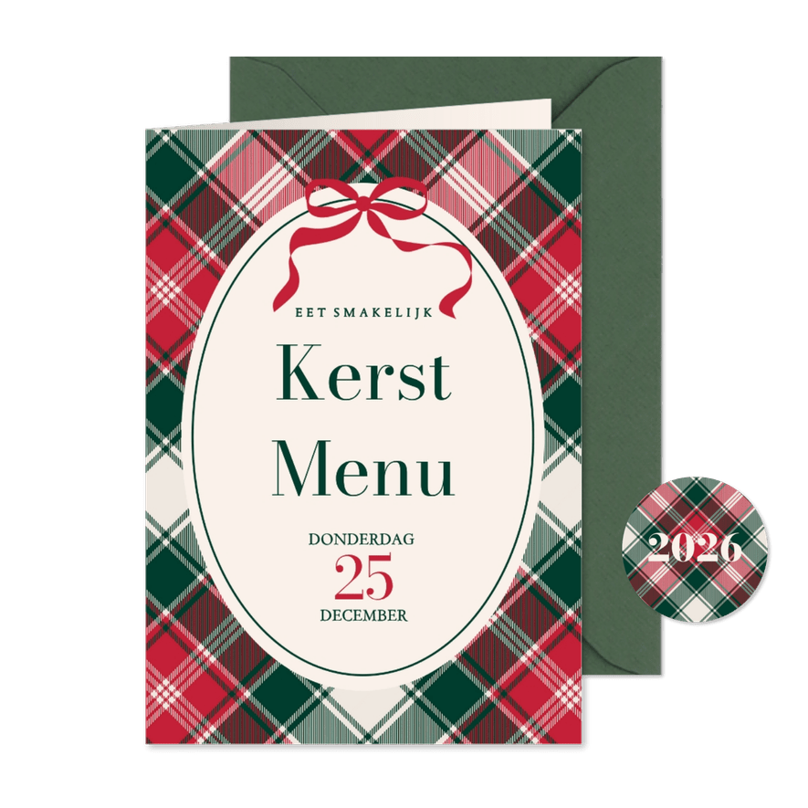 Uitnodiging kerst menu ruit en strikje - Kaartimpressie