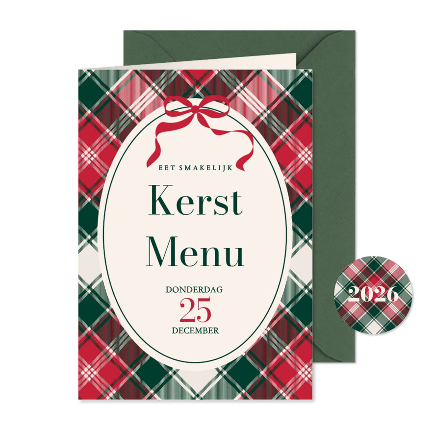 Uitnodiging kerst menu ruit en strikje - Kaartimpressie