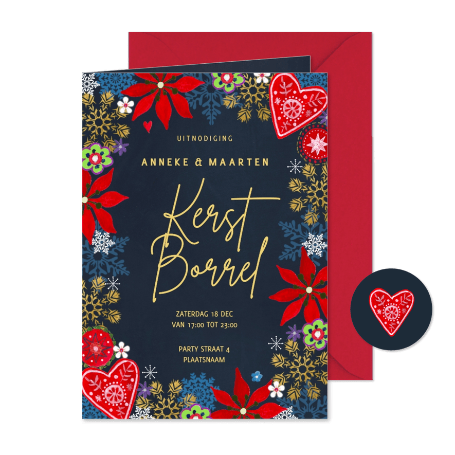 Uitnodiging kerstborrel botanisch bloemen - Kaartimpressie