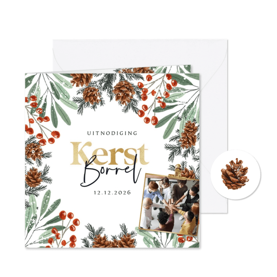 Uitnodiging kerstborrel botanisch kersttak dennenappel foto - Kaartimpressie