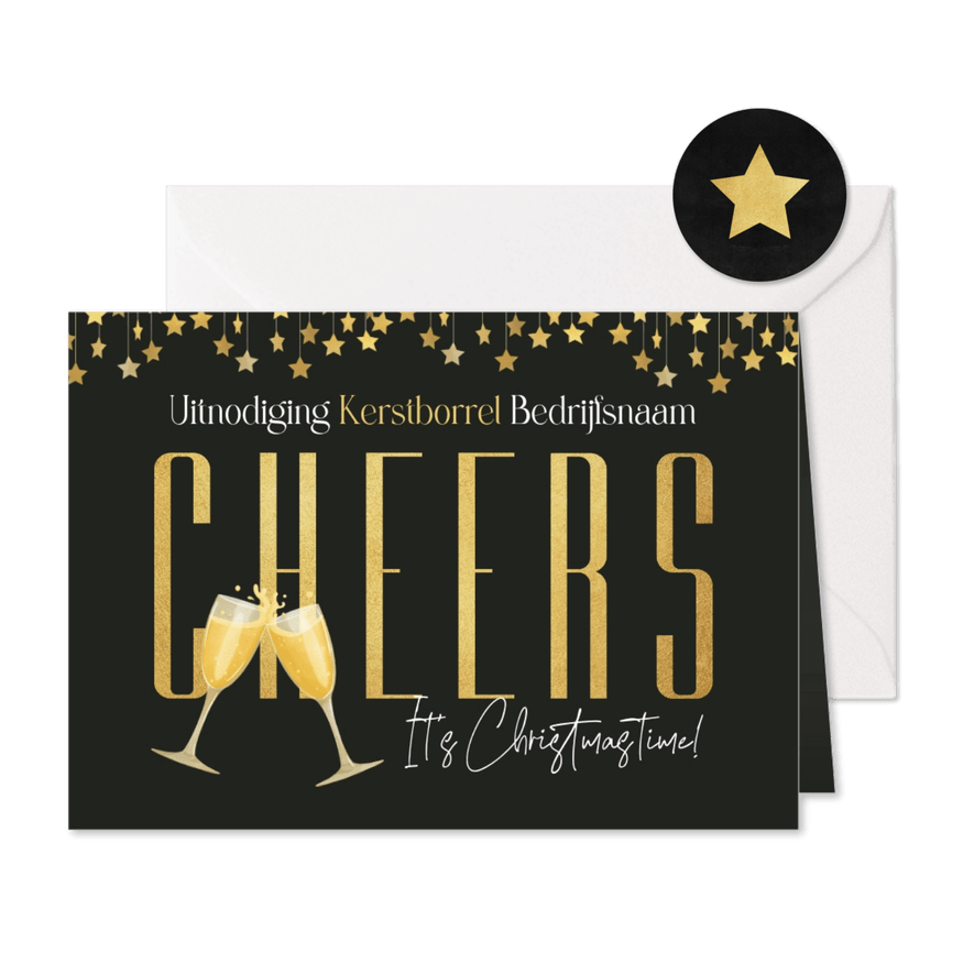 Uitnodiging kerstborrel cheers champagne bedrijf sterren - Kaartimpressie
