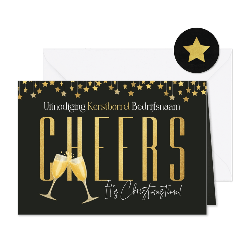 Uitnodiging kerstborrel cheers champagne bedrijf sterren  - Kaartimpressie