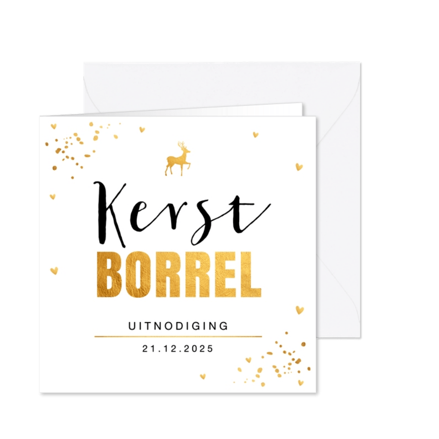Uitnodiging kerstborrel confetti goudlook - Kaartimpressie