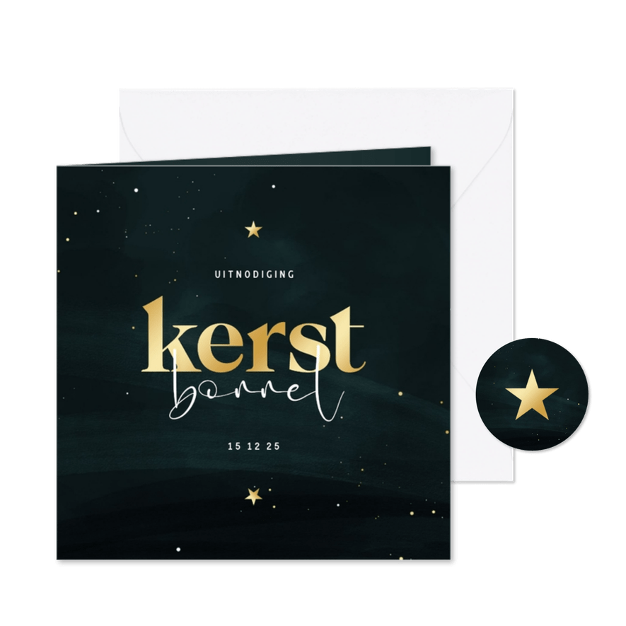 Uitnodiging kerstborrel donkergroen met sterren - Kaartimpressie