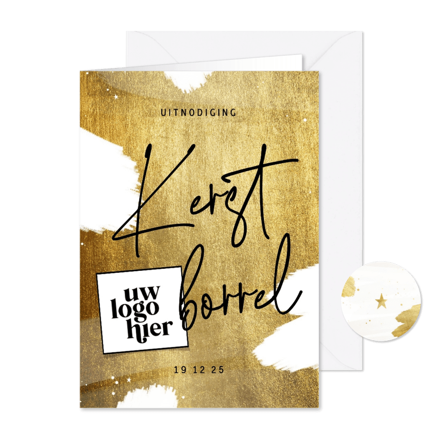 Uitnodiging kerstborrel goud met wit en logo - Kaartimpressie
