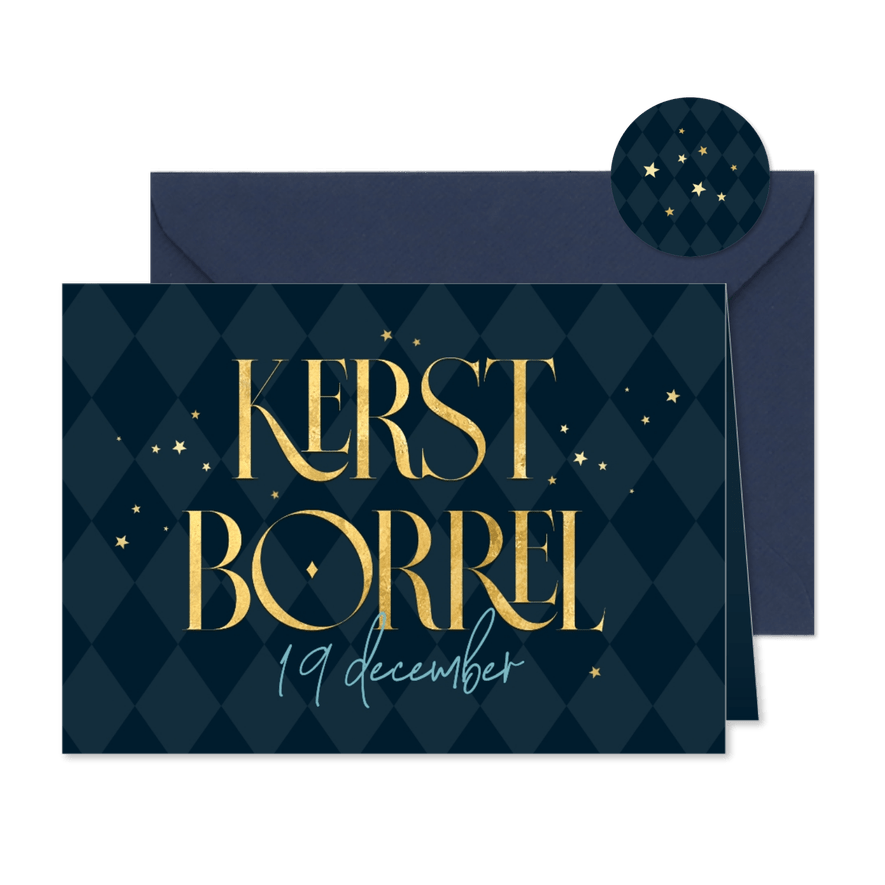Uitnodiging kerstborrel goud ruitjes blauw zakelijk - Kaartimpressie