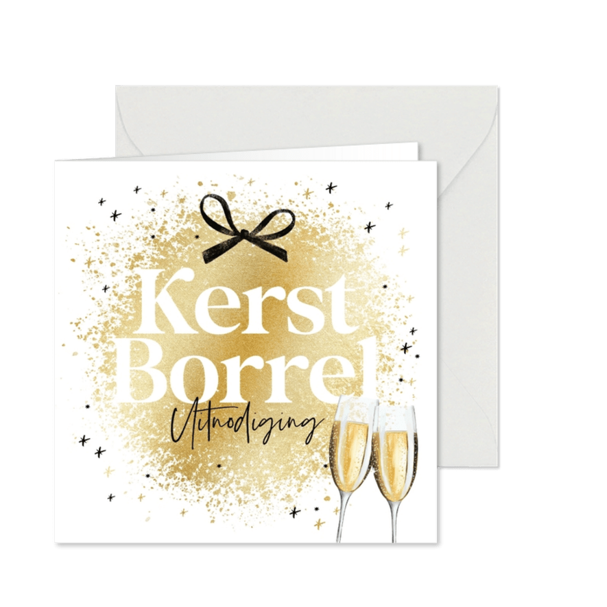 Uitnodiging kerstborrel goudlook sterren kerstbal champagne - Kaartimpressie