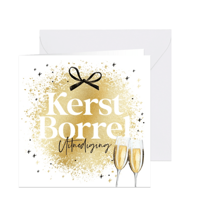 Uitnodiging kerstborrel goudlook sterren kerstbal champagne - Kaartimpressie