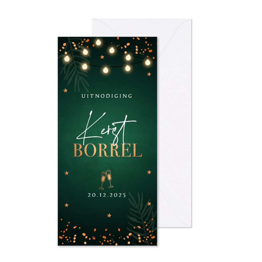 Uitnodiging kerstborrel groen langwerpig koperlook - Kaartimpressie