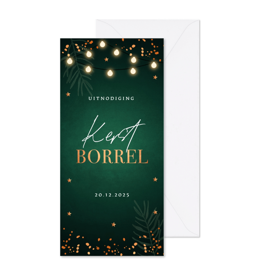 Uitnodiging kerstborrel groen langwerpig koperlook - Kaartimpressie