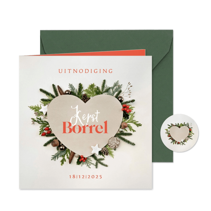 Uitnodiging kerstborrel hart met kerstdecoratie - Kaartimpressie