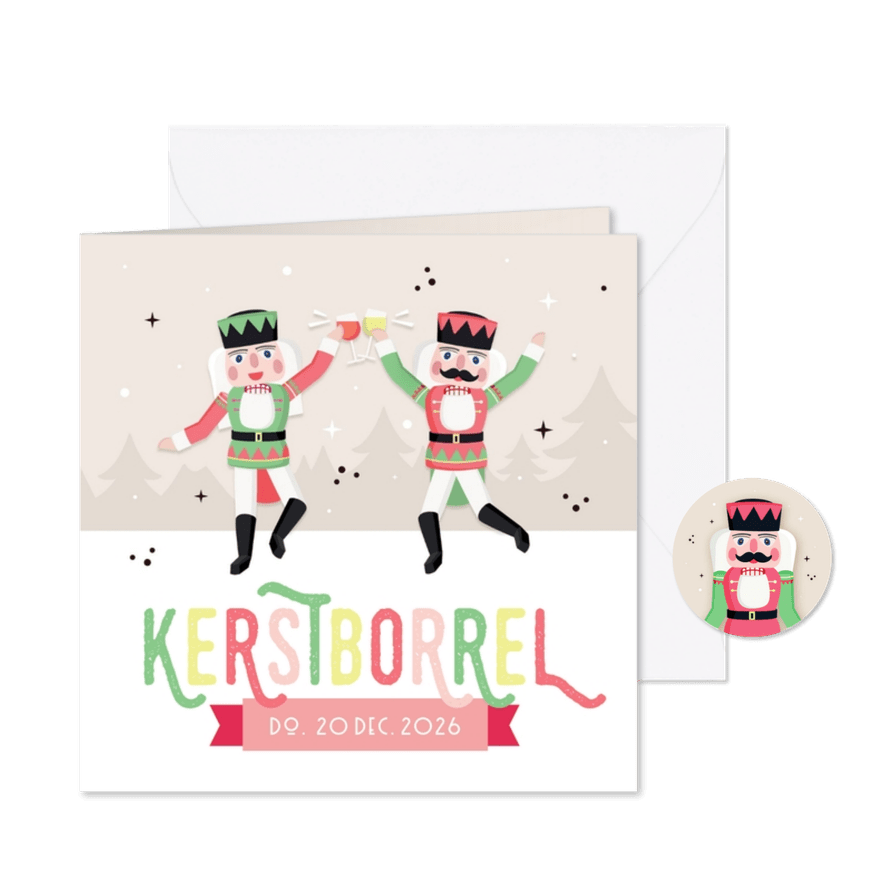 Uitnodiging kerstborrel kaart met proostende notenkrakers - Kaartimpressie