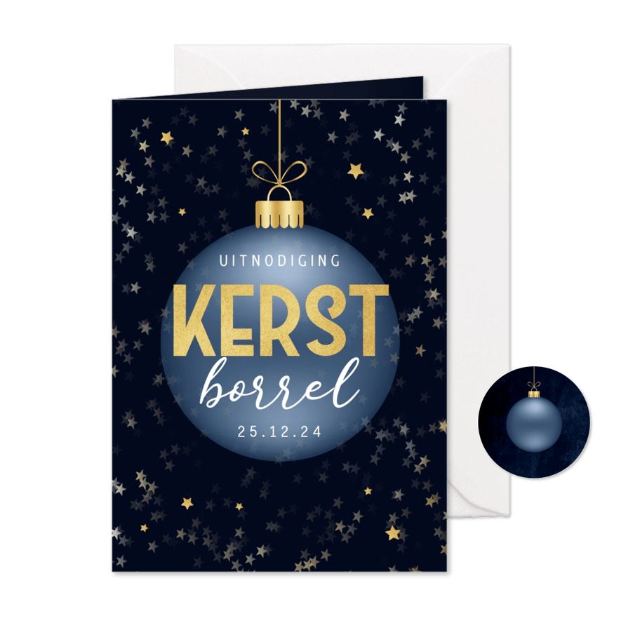 Uitnodiging kerstborrel kerstbal goud sterren  - Kaartimpressie