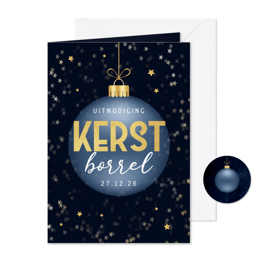 Uitnodiging kerstborrel kerstbal goud sterren - Kaartimpressie