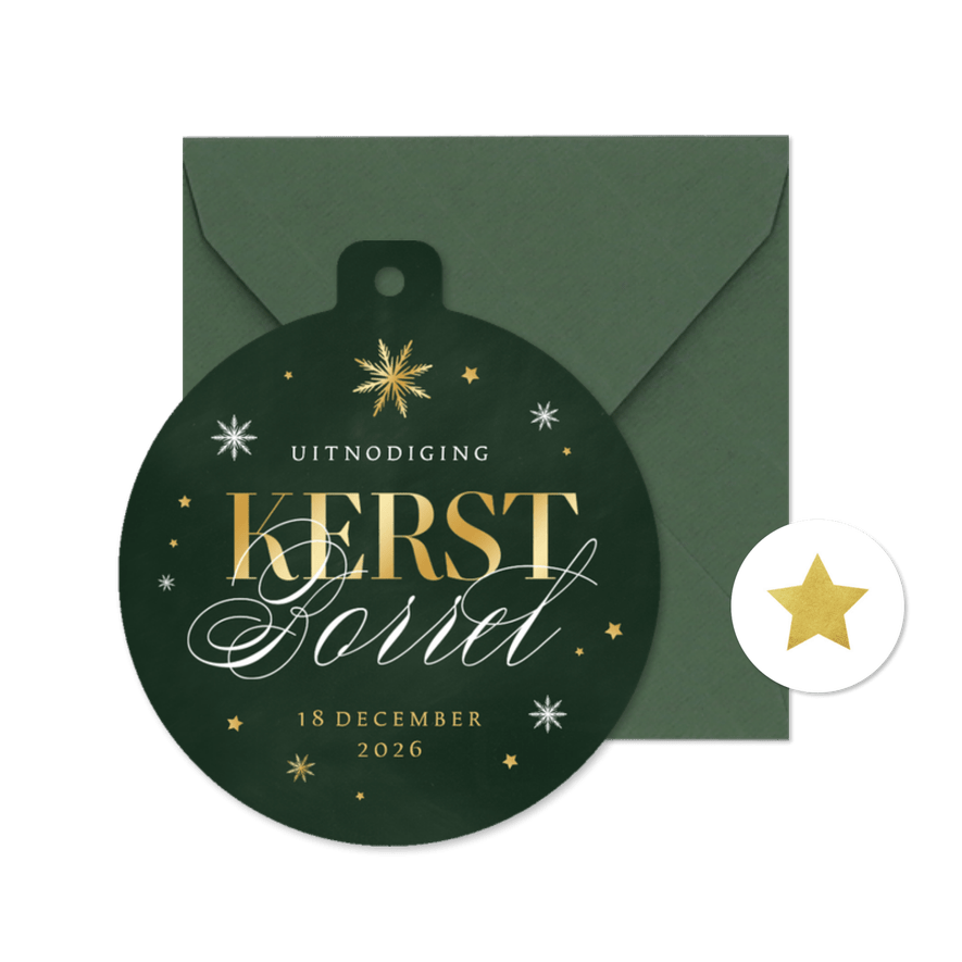 Uitnodiging kerstborrel kerstbal sneeuw sterren goud - Kaartimpressie
