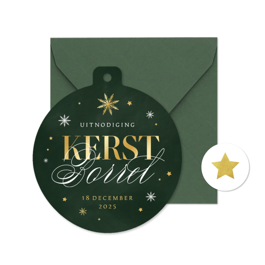 Uitnodiging kerstborrel kerstbal sneeuw sterren goud - Kaartimpressie