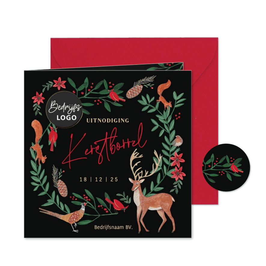 Uitnodiging kerstborrel kerstkrans met bosdieren - Kaartimpressie
