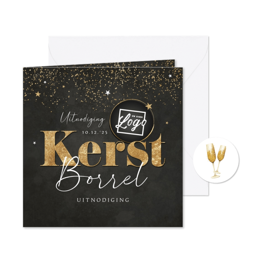 Uitnodiging kerstborrel krijtbord goud champagne kerst ster - Kaartimpressie