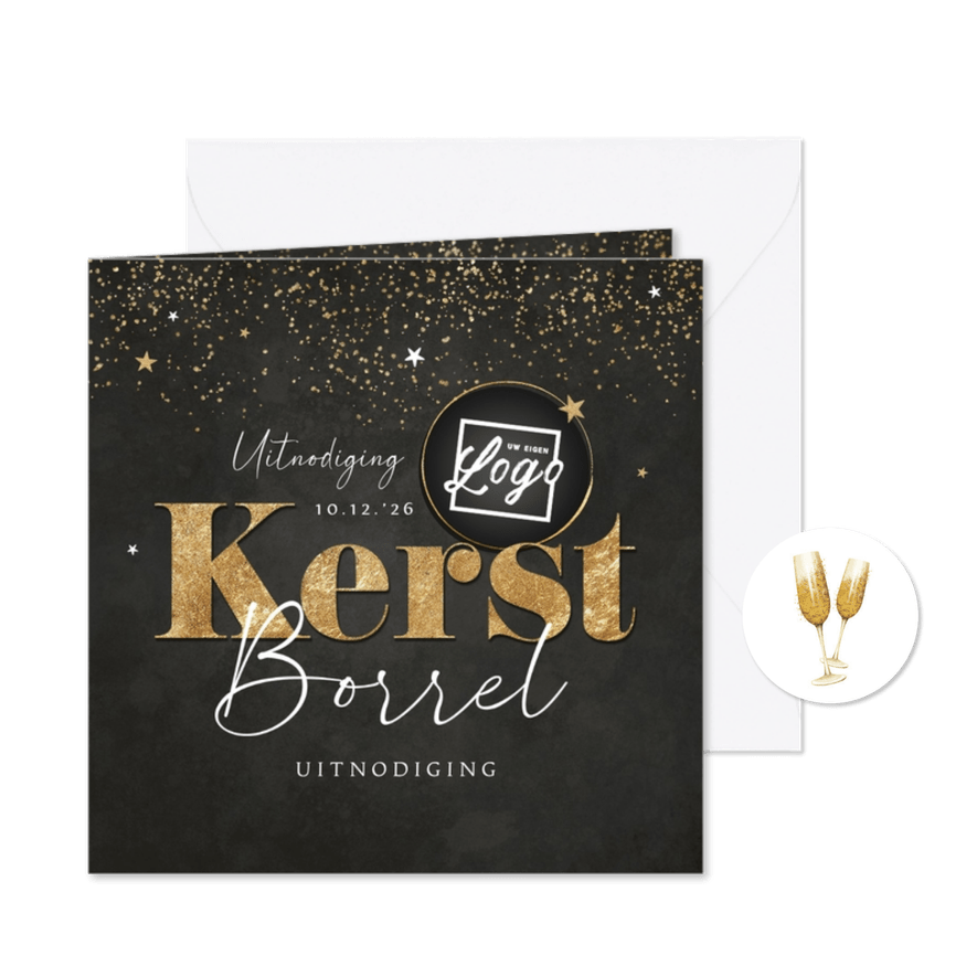Uitnodiging kerstborrel krijtbord goud champagne kerst ster - Kaartimpressie