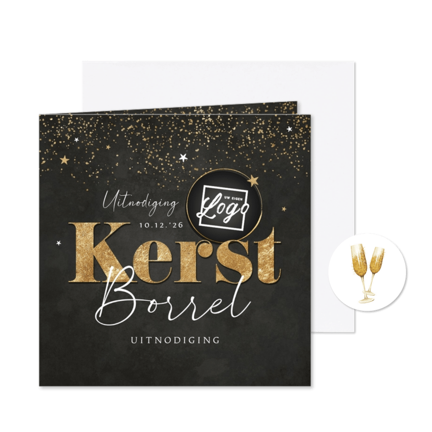 Uitnodiging kerstborrel krijtbord goud champagne kerst ster - Kaartimpressie