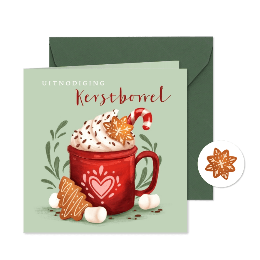 Uitnodiging kerstborrel met illustratie en kerstkoekjes - Kaartimpressie