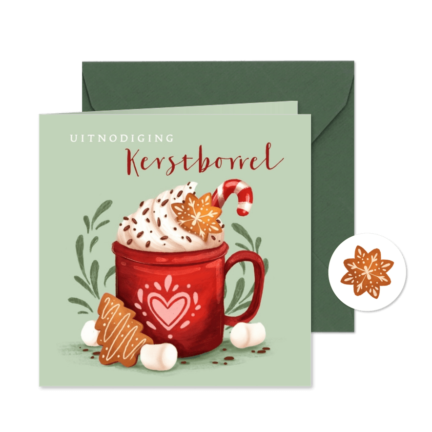 Uitnodiging kerstborrel met illustratie en kerstkoekjes - Kaartimpressie