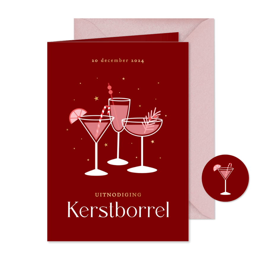 Uitnodiging kerstborrel met kerst cocktails gouden sterren - Kaartimpressie