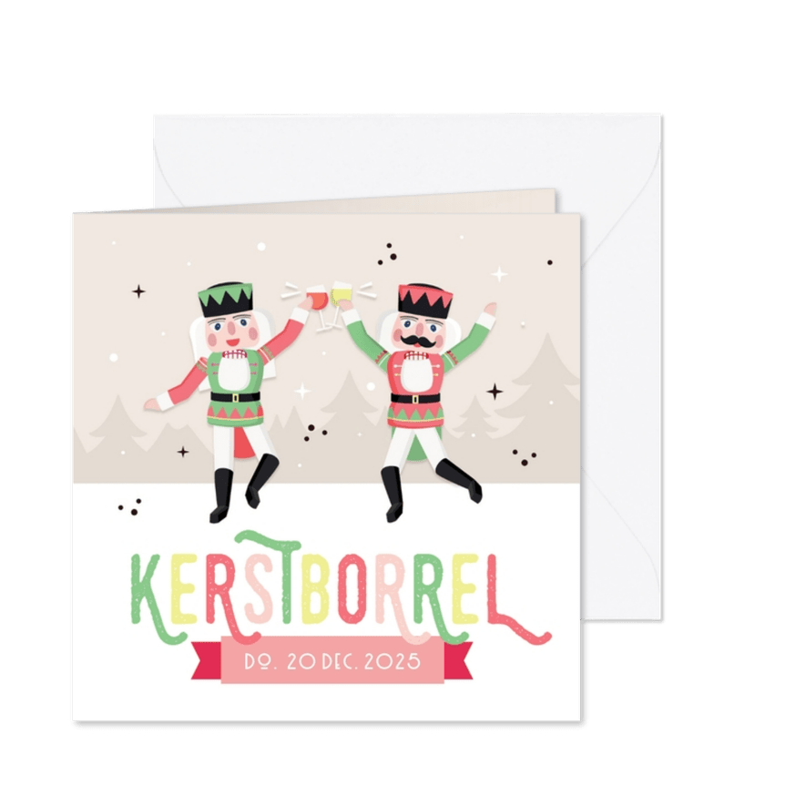 Uitnodiging kerstborrel met proostende notenkrakers - Kaartimpressie
