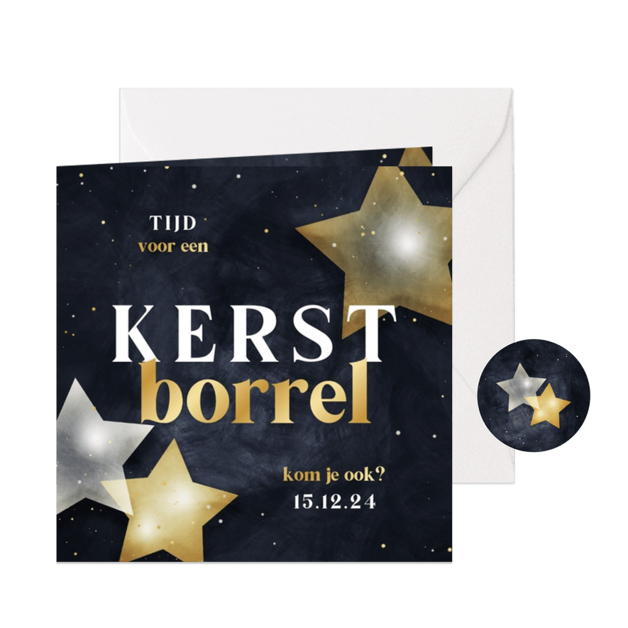 Uitnodiging kerstborrel met sterren donkerblauw met goud - Kaartimpressie