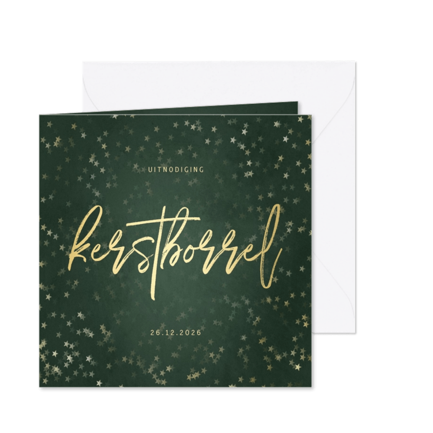 Uitnodiging kerstborrel met sterren en gouden tekst - Kaartimpressie