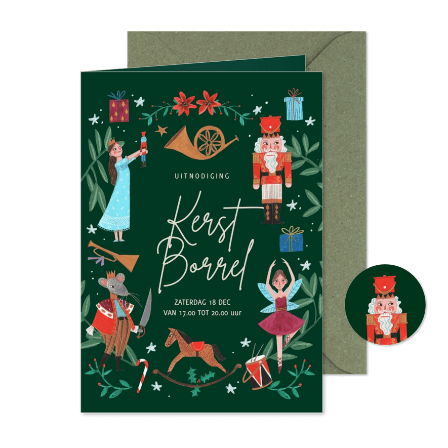 Uitnodiging kerstborrel notenkraker groen - Kaartimpressie