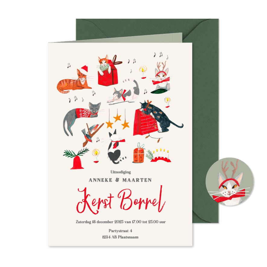 Uitnodiging kerstborrel poezen illustraties - Kaartimpressie