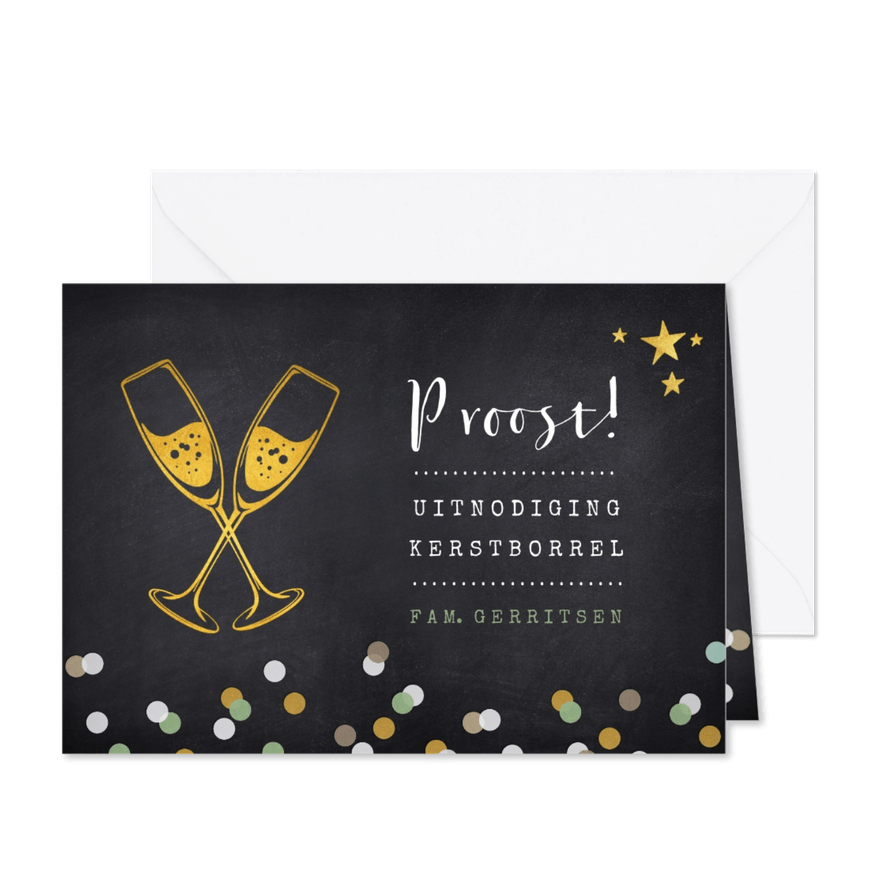 Uitnodiging kerstborrel proost met champagneglazen - Kaartimpressie