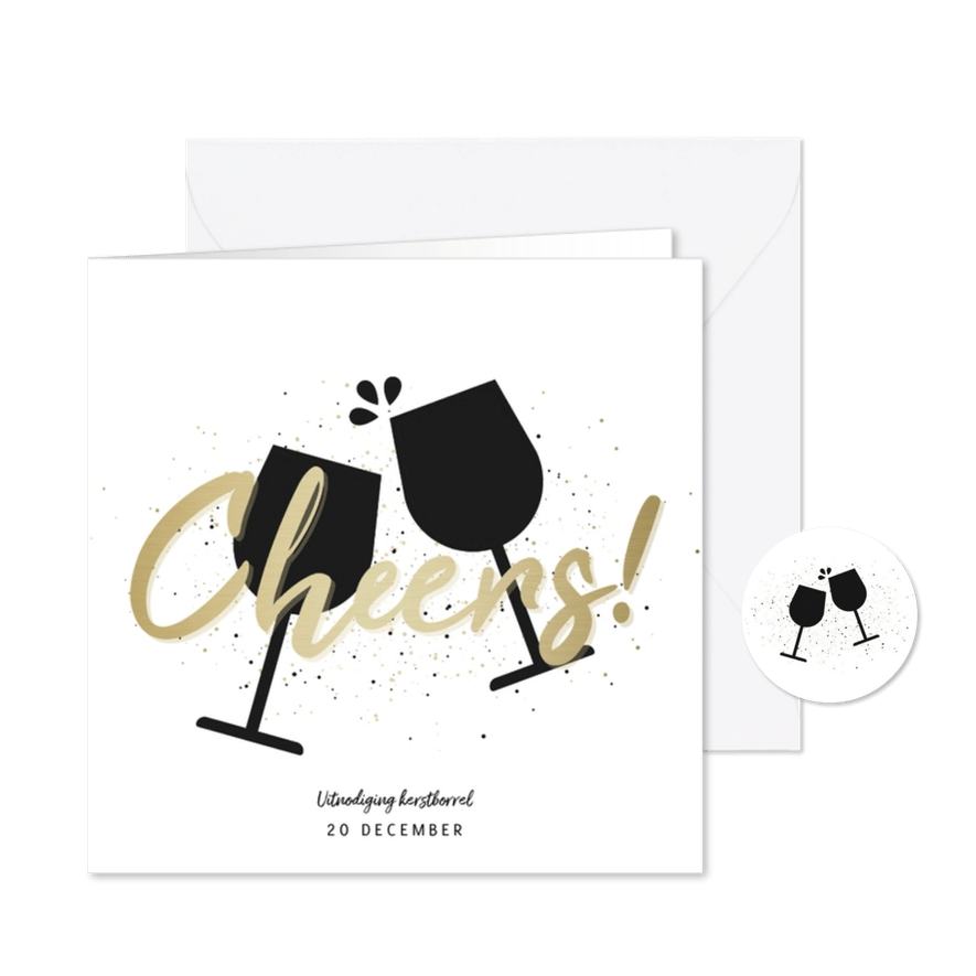 Uitnodiging kerstborrel proostende glazen met gouden cheers - Kaartimpressie
