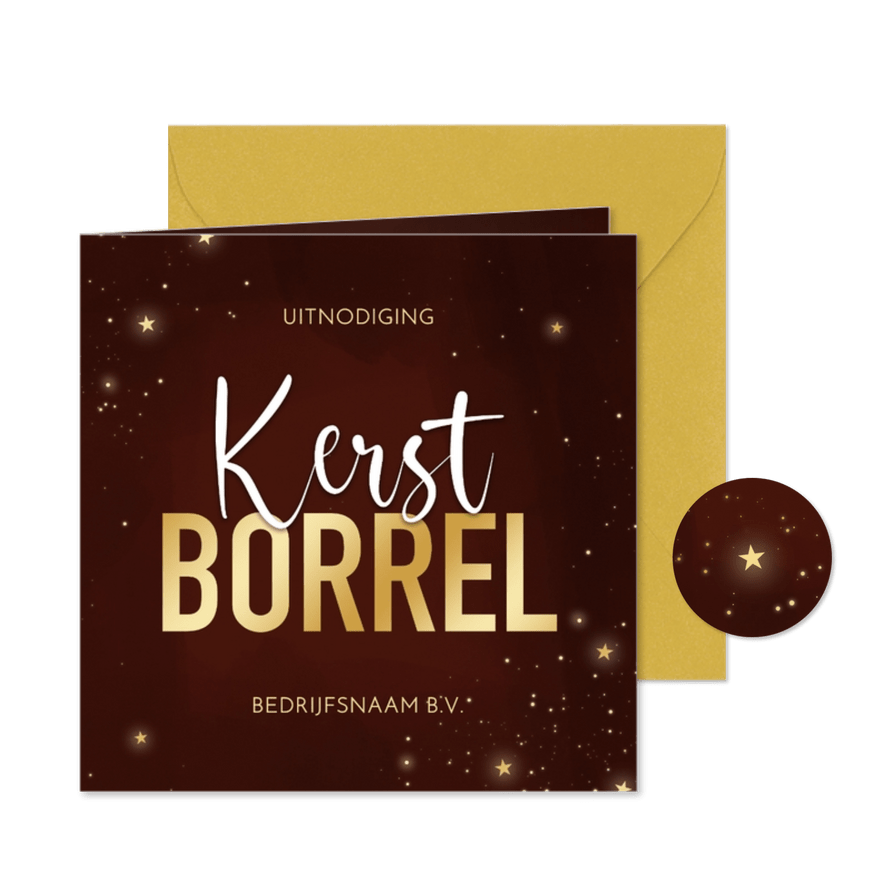 Uitnodiging kerstborrel rood stijlvol goud zakelijk - Kaartimpressie