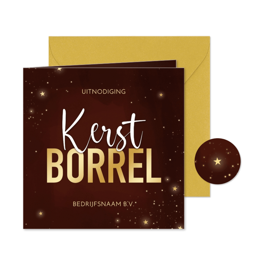 Uitnodiging kerstborrel rood stijlvol goud zakelijk - Kaartimpressie