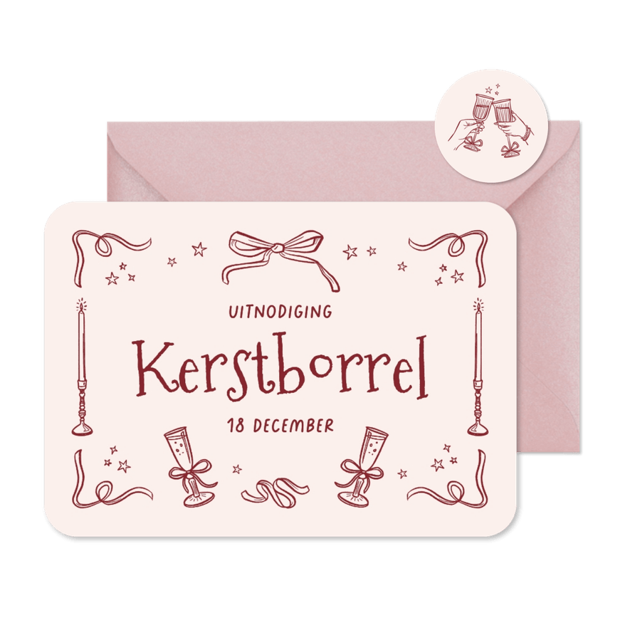 Uitnodiging kerstborrel roze doodle champagne strikjes - Kaartimpressie