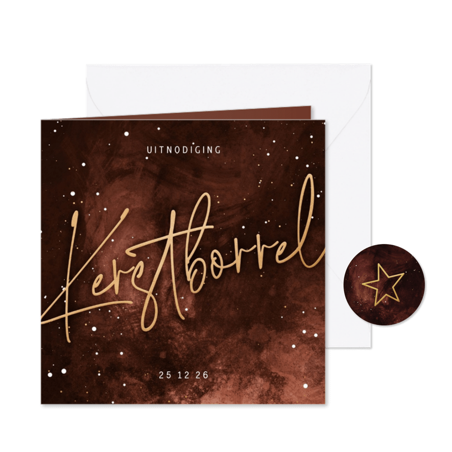 Uitnodiging kerstborrel stijlvol roestkleur - Kaartimpressie