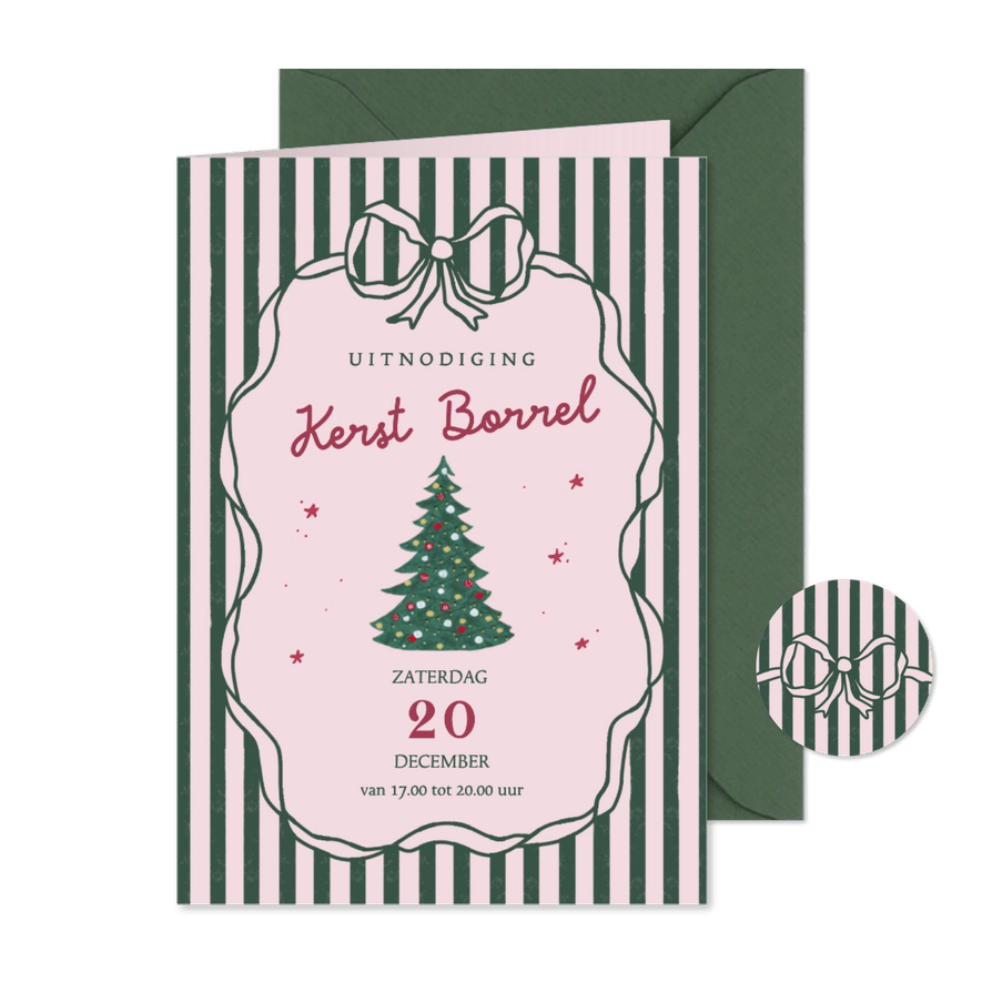 Uitnodiging kerstborrel strepen en strik kerstboom - Kaartimpressie