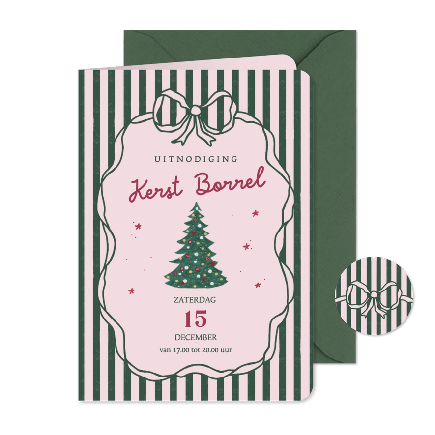 Uitnodiging kerstborrel strepen en strikken - Kaartimpressie
