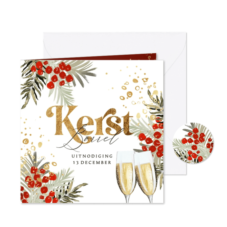 Uitnodiging kerstborrel watercolor kersttakken - Kaartimpressie