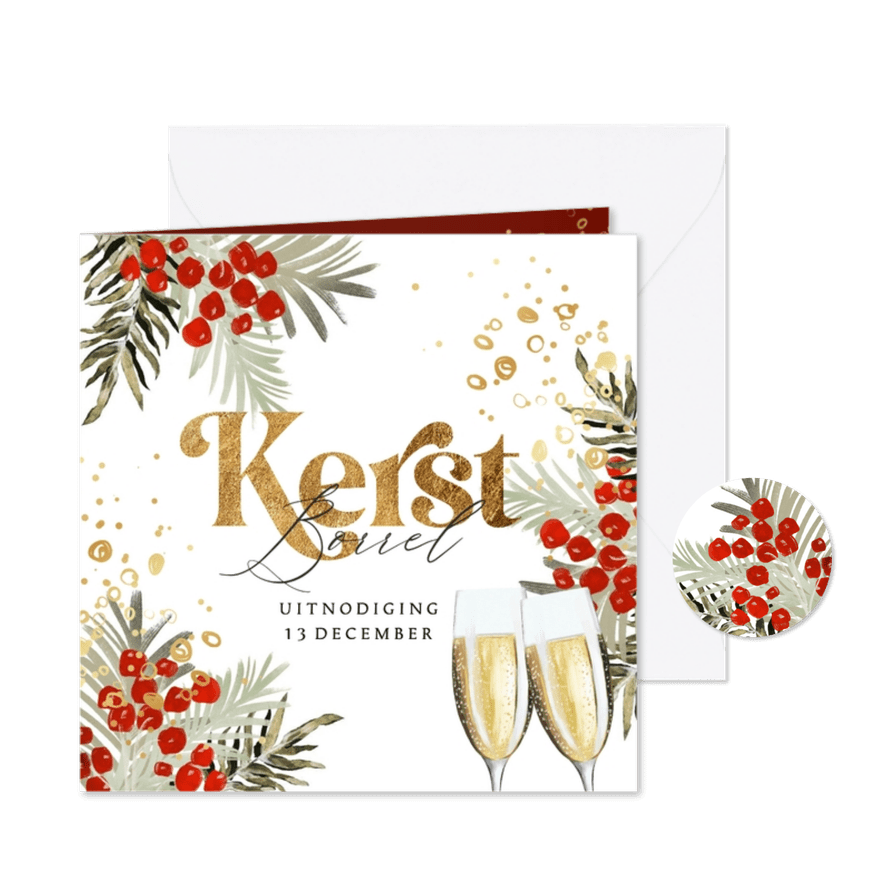 Uitnodiging kerstborrel watercolor kersttakken - Kaartimpressie