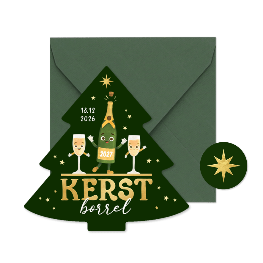 Uitnodiging kerstborrel zakelijk kerstboom vrolijk champagne - Kaartimpressie