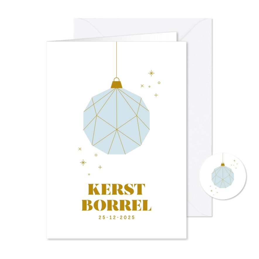 Uitnodiging kerstborrel zakelijk met blauwe kerstbal - Kaartimpressie