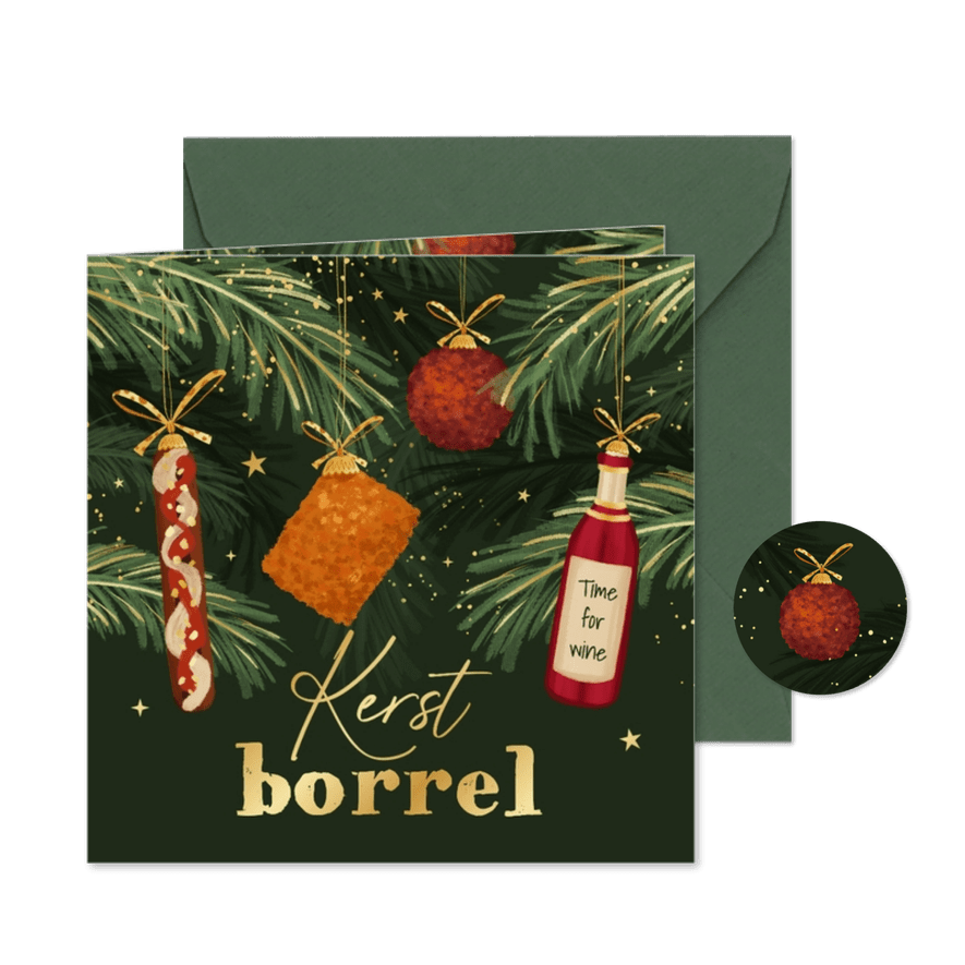 Uitnodiging kerstborrel zakelijk snacks kerstballen grappig - Kaartimpressie