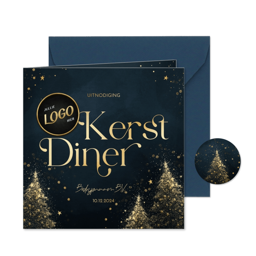 Uitnodiging kerstdiner blauw met gouden kerstbomen en logo - Kaartimpressie