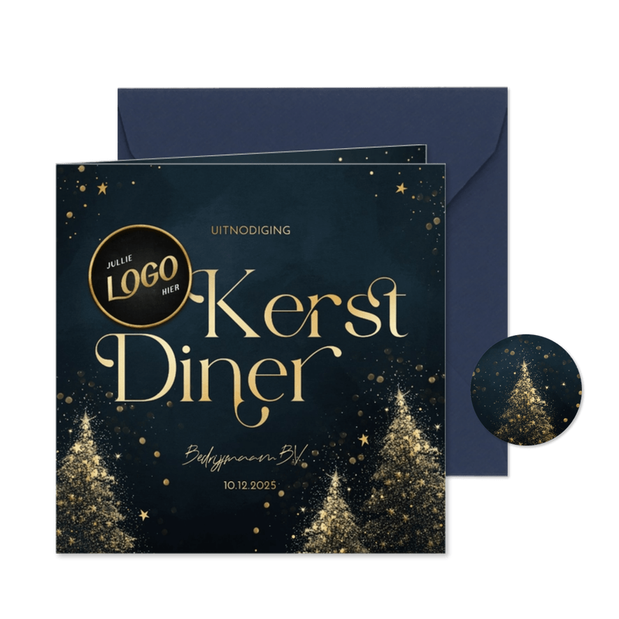 Uitnodiging kerstdiner blauw met gouden kerstbomen en logo - Kaartimpressie