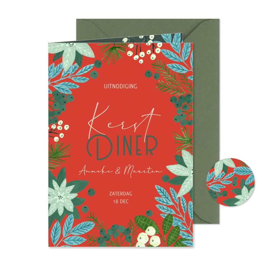 Uitnodiging kerstdiner botanische illustratie kerst - Kaartimpressie