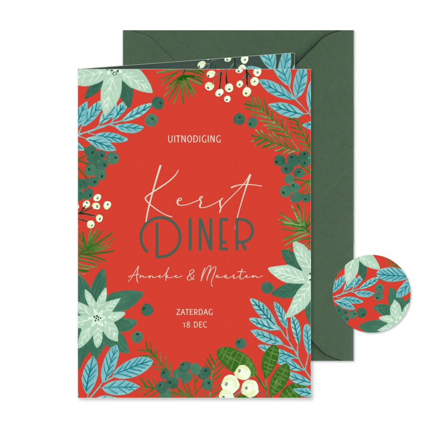 Uitnodiging kerstdiner botanische illustratie kerst - Kaartimpressie