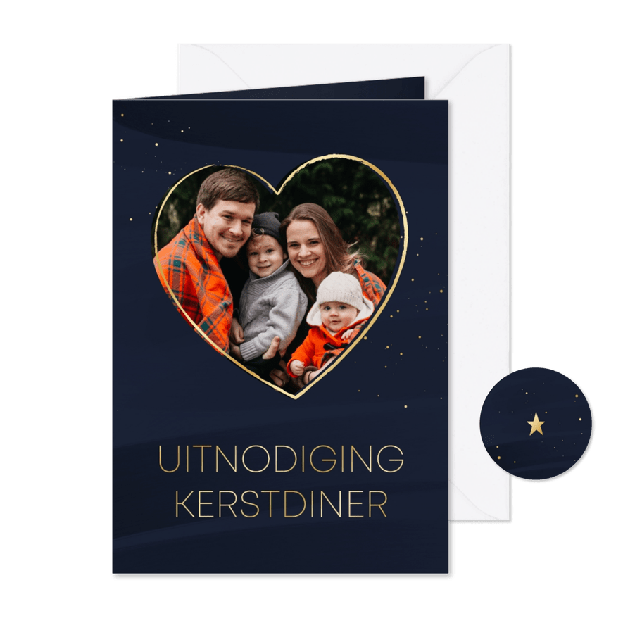 Uitnodiging kerstdiner donkerblauw met goudlook en foto - Kaartimpressie